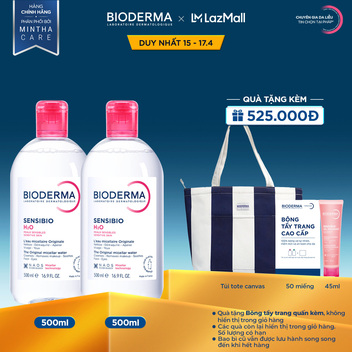 Bộ đôi nước tẩy trang Micellar cho da nhạy cảm Bioderma Sensibio H2O - 500mlx2