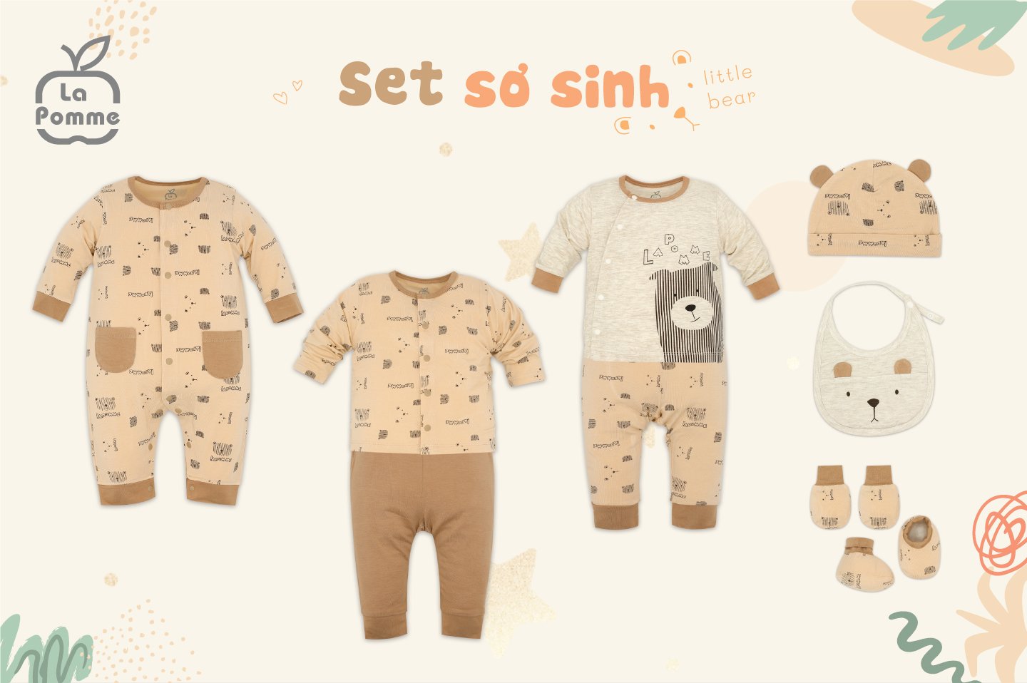 Bộ sơ sinh Lapomme in gấu + mũ+ yếm+ bao tay bao chân
