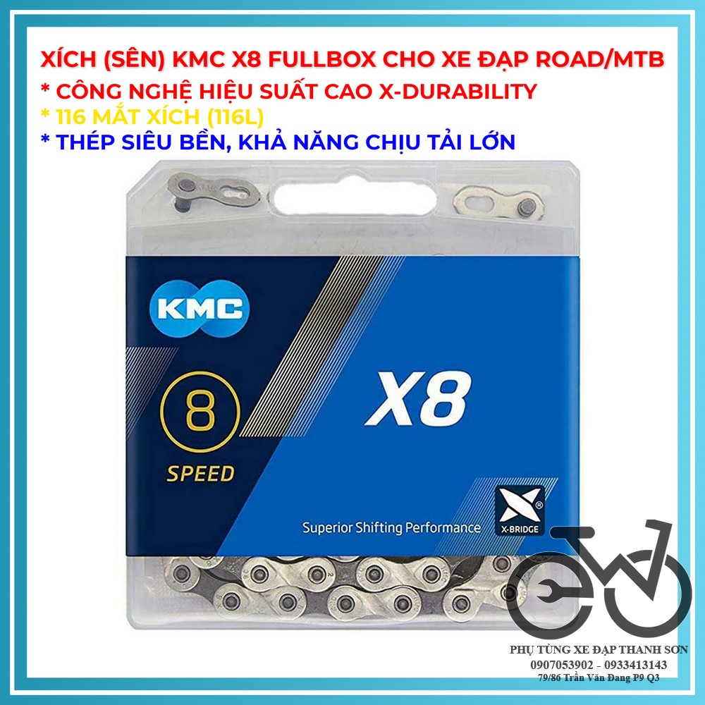 Dây xích sên xe đạp kmc x8 x9 x10 116 link fullbox - 8/9/10 speed