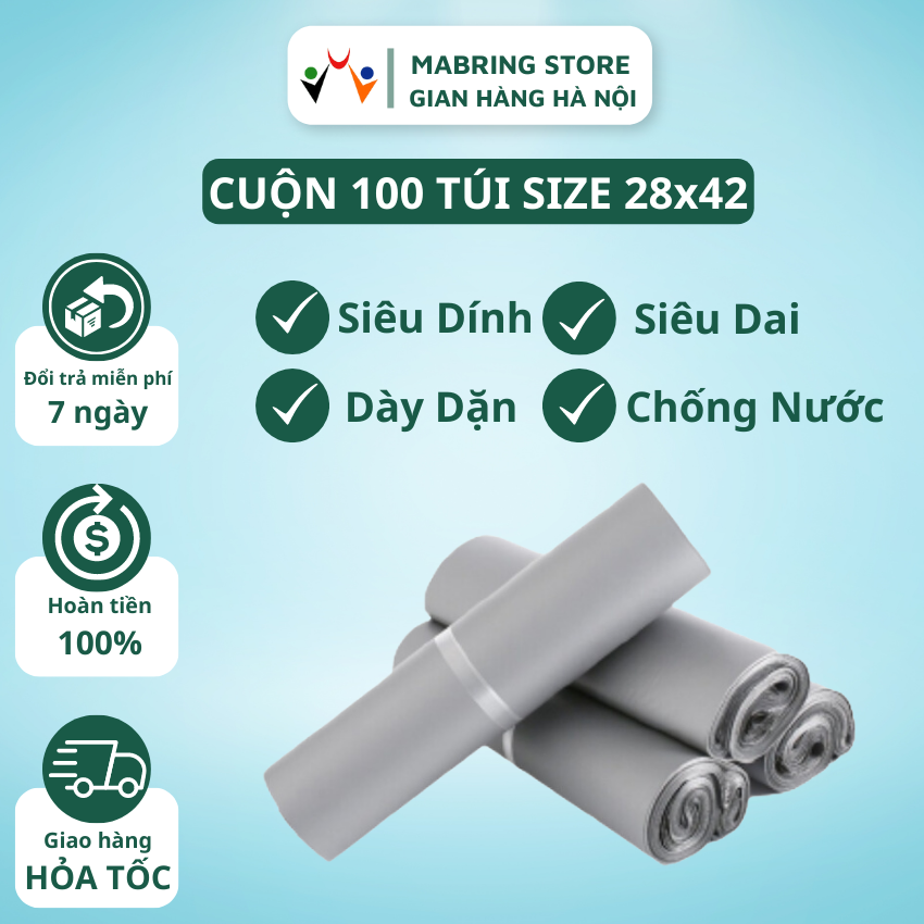 100 Túi đóng hàng niêm phong MABRING màu bạc size 28x42, Túi đóng gói hàng niêm phong dính sẵn
