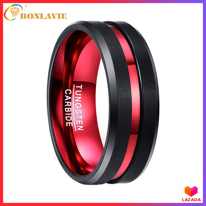 BONLAVIE Men's 8MM Black and Red Authentic Tungsten Carbide Ring Matte Finish Beveled Edges Engagement Wedding Band Comfort Fit Size 7 to 16