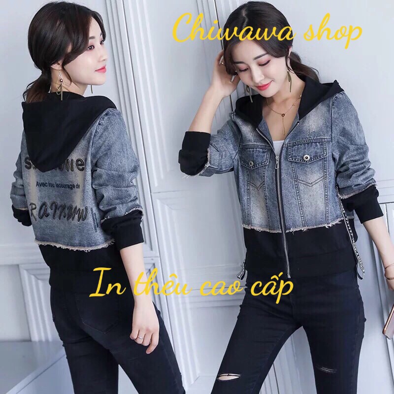 [HCM]Áo khoác jean nữ phối mũ nỉ đen với dây kéo tốt in Rainbow cao cấp form vừa L dưới 60 XL dưới 70kg