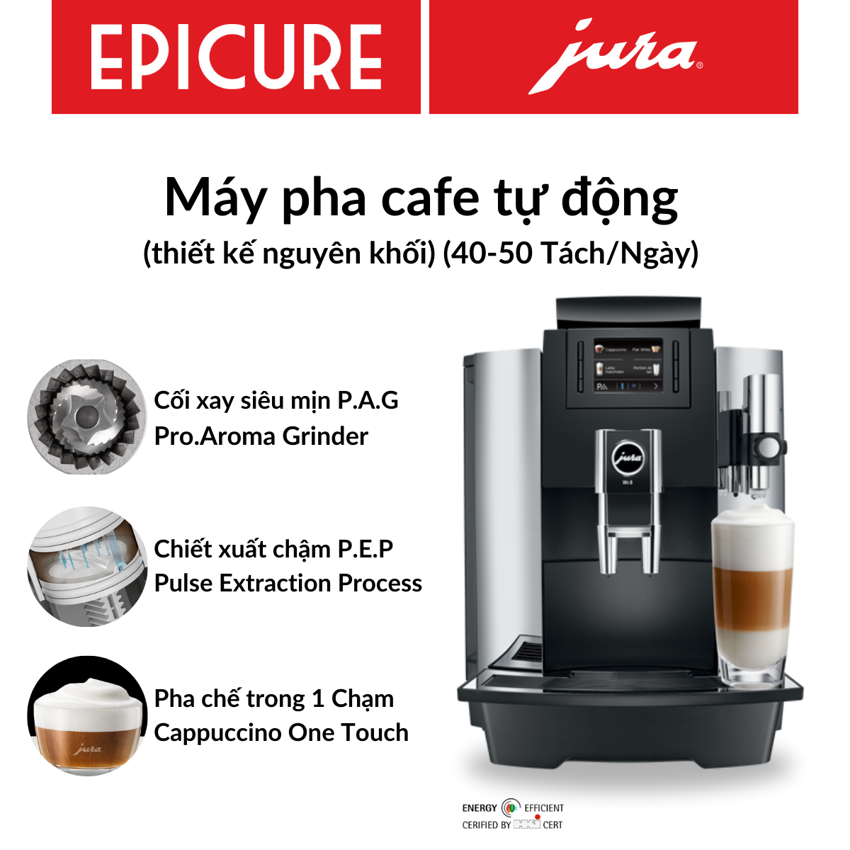 Máy pha cà phê tự động Jura We8 Chrome - Hàng chính hãng, Cối xay chuyên nghiệp siêu mịn, chống ồn dưới 50db, công nghệ ép xung chậm đều, cafe thơm ngon chất lượng
