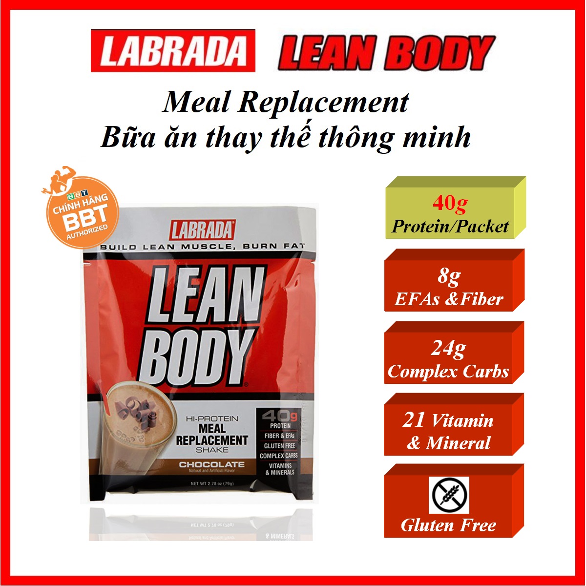 Labrada Lean Body gói (Packet) - Gói thay thế bữa ăn tiện lợi, bổ sung Protein, Multivitamin, Chất béo cần thiết, chất xơ, dinh dưỡng hoàn chỉnh
