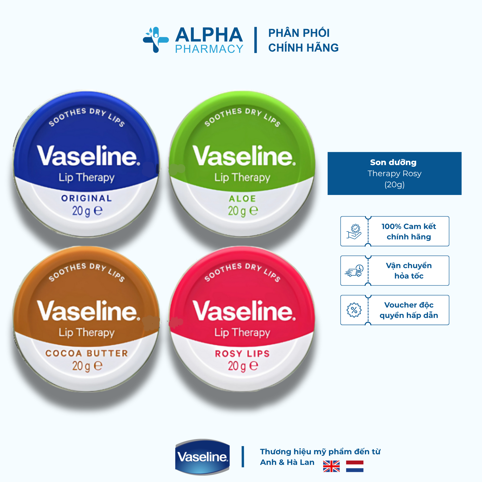 Son Dưỡng Hồng Môi Vaseline Lip Therapy Rosy Lips Hương Hoa Hồng – Hộp Thiếc 20g