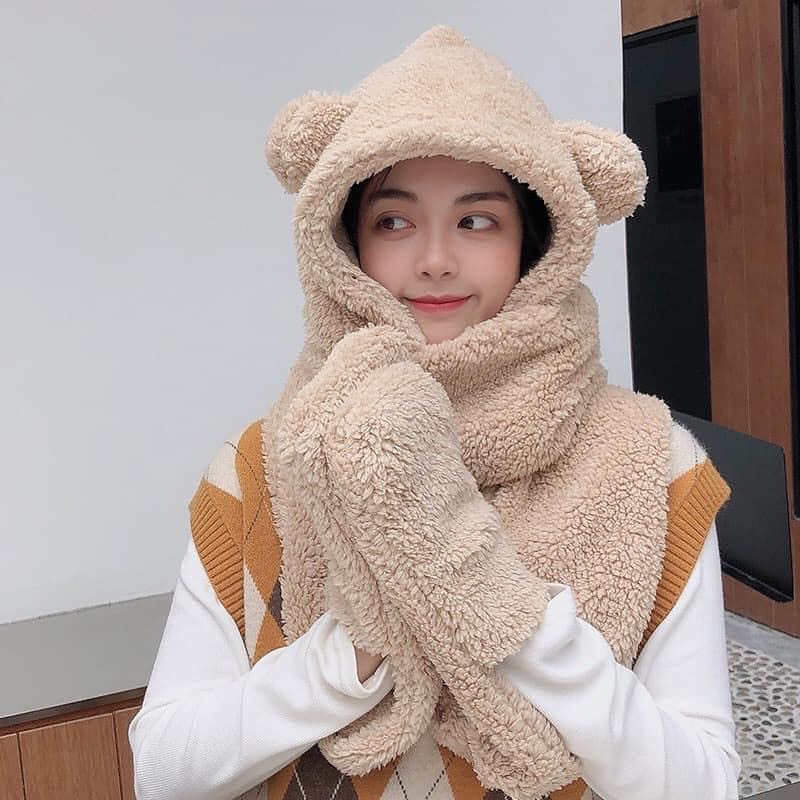 Mũ Len Lông Cừu Kèm Khăn Quàng Cổ Và Găng Tay Ấm Áp Cho Nữ, Khăn Len Chùm Đầu Nữ 3in 1 Kèm Khăn Quàng Cổ
