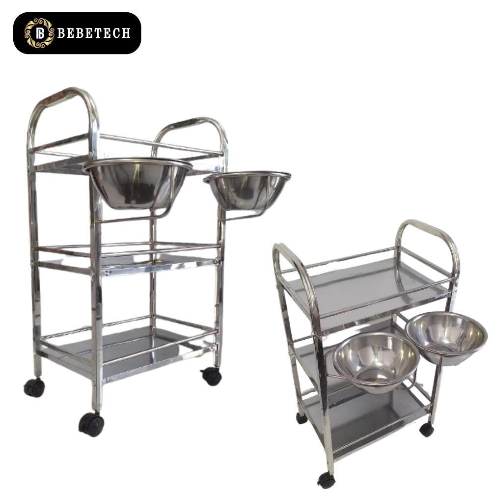 Xe đẩy inox 3 tầng kèm 2 bát inox 22cm cho spa kệ đẩy bánh xe 3 tầng spa . Có kèm 2 bát to đựng nước