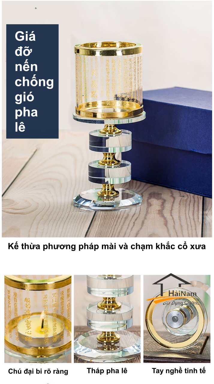 Chân Đèn Đốt Nến Khắc Chú Đại Bi, Bát Nhã Tâm Kinh, Chân nến thủy tinh ban thờ, phòng thờ Phật giáo.