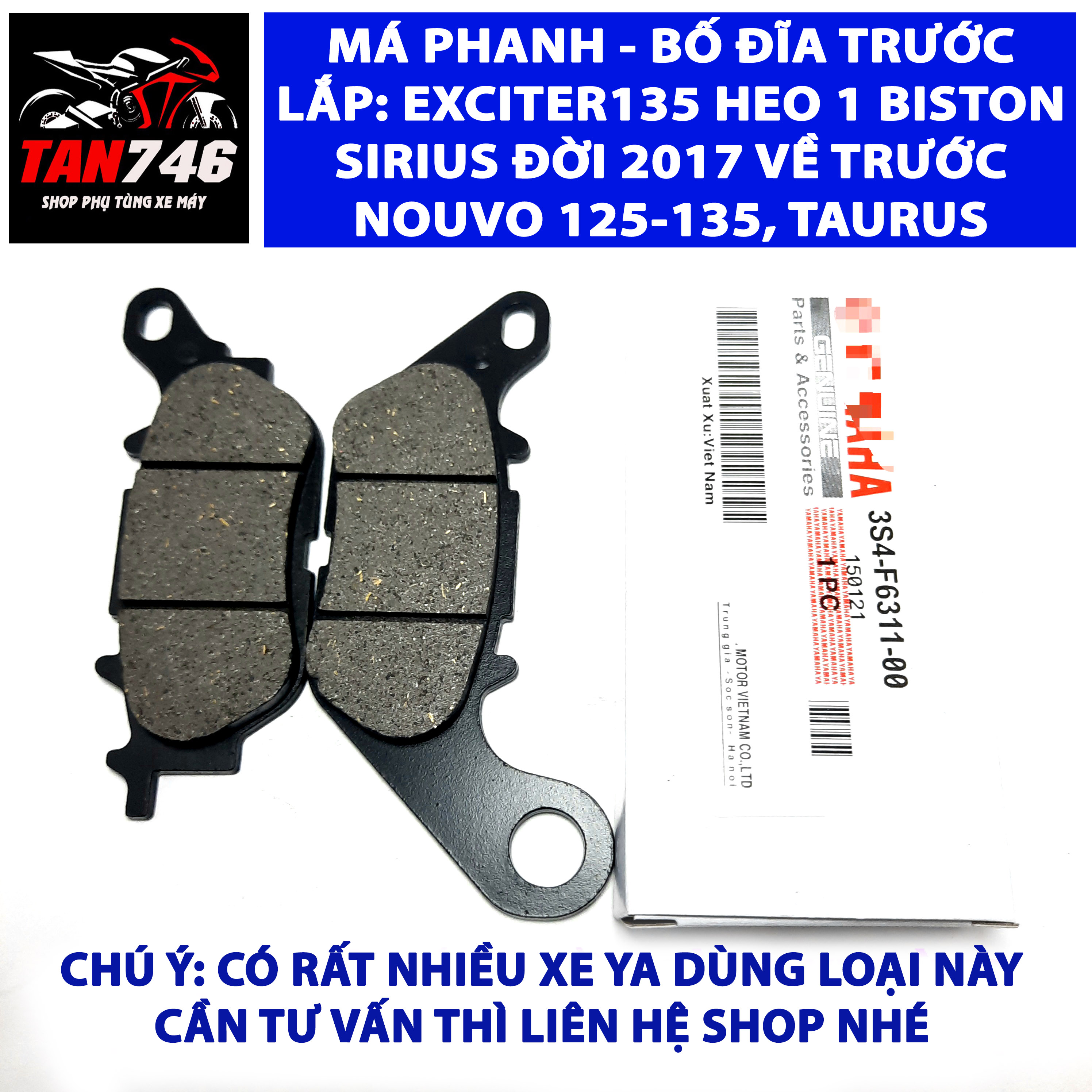 Má phanh. Bố thắng đĩa trước cho Exciter 135 loại 1 bít tông, Nouvo 135, Nouvo 456, Sirius, Sirius Fi 2014, Taurus, Mio, Nozza, Luvias, Grande, và nhiều dòng xe khác, Sản phẩm chất lượng,thông số chuẩn