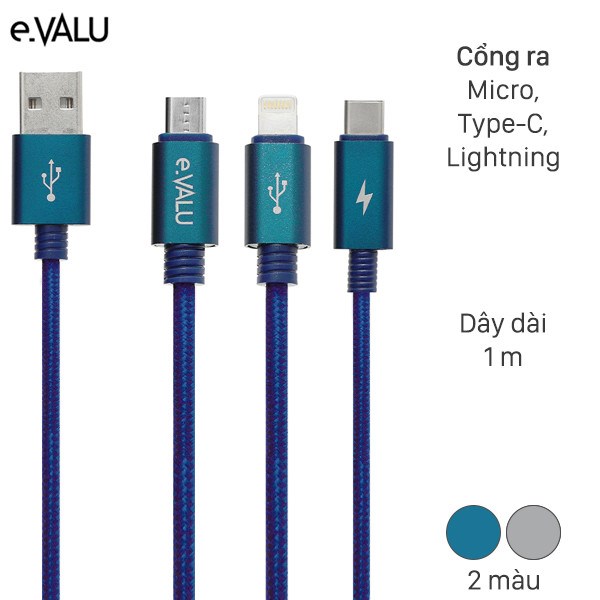 Cáp 3 đầu lightning type c micro 1m evalu spanker b 2