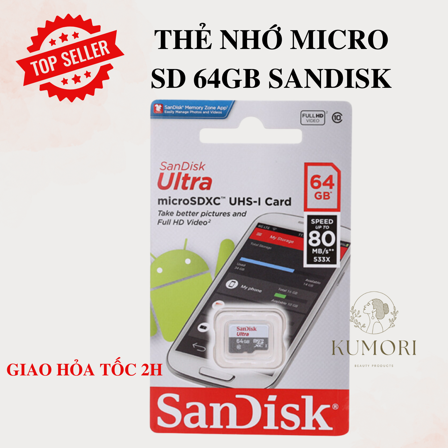 THẺ NHỚ MICRO SD 64GB SANDISK loại tốt lưu trữ nhanh chóng tốc độ nhanh độ bền cao lưu hình ảnh video an toàn KUMORI SHOP