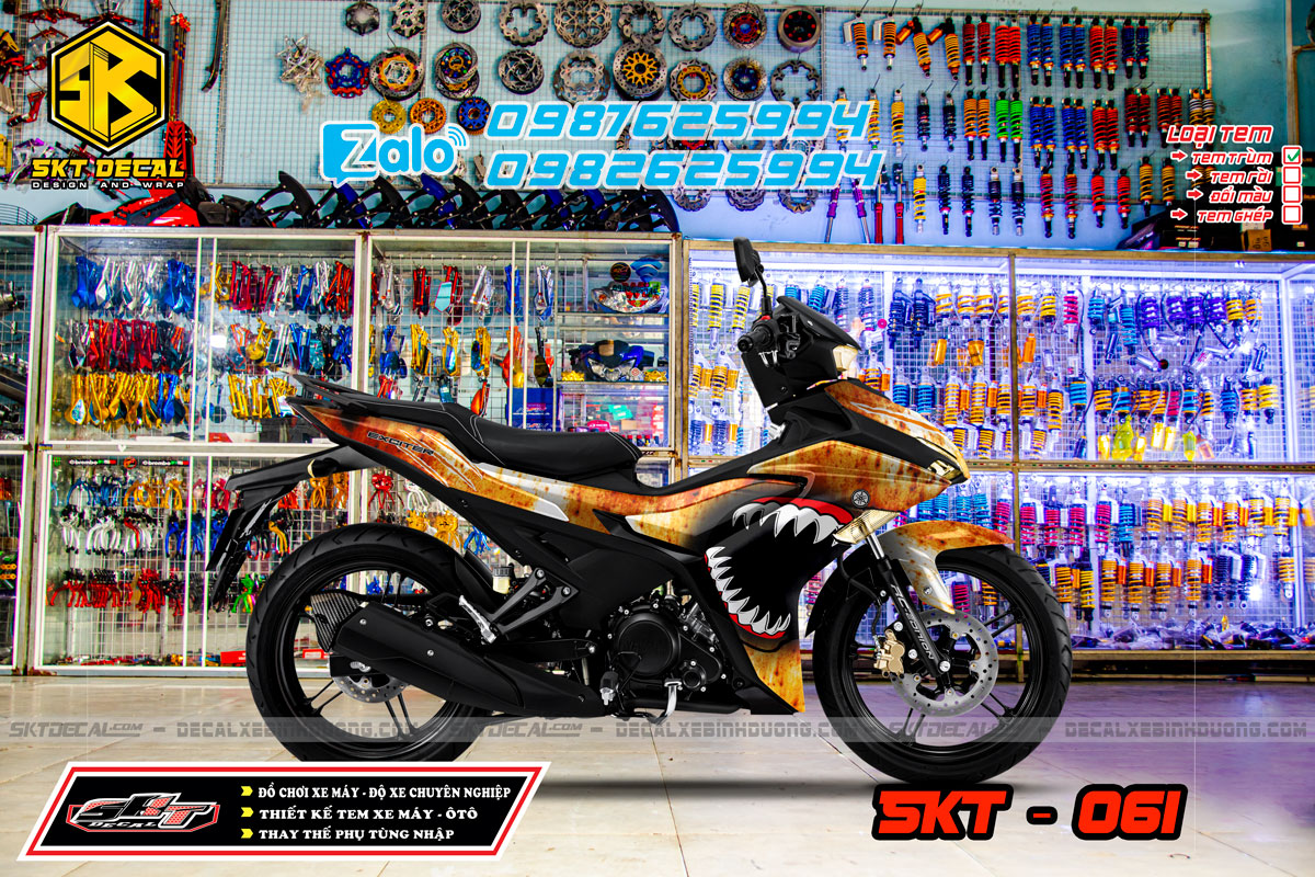 tem trùm exciter 155 cam trắng đen đỏ cá mập