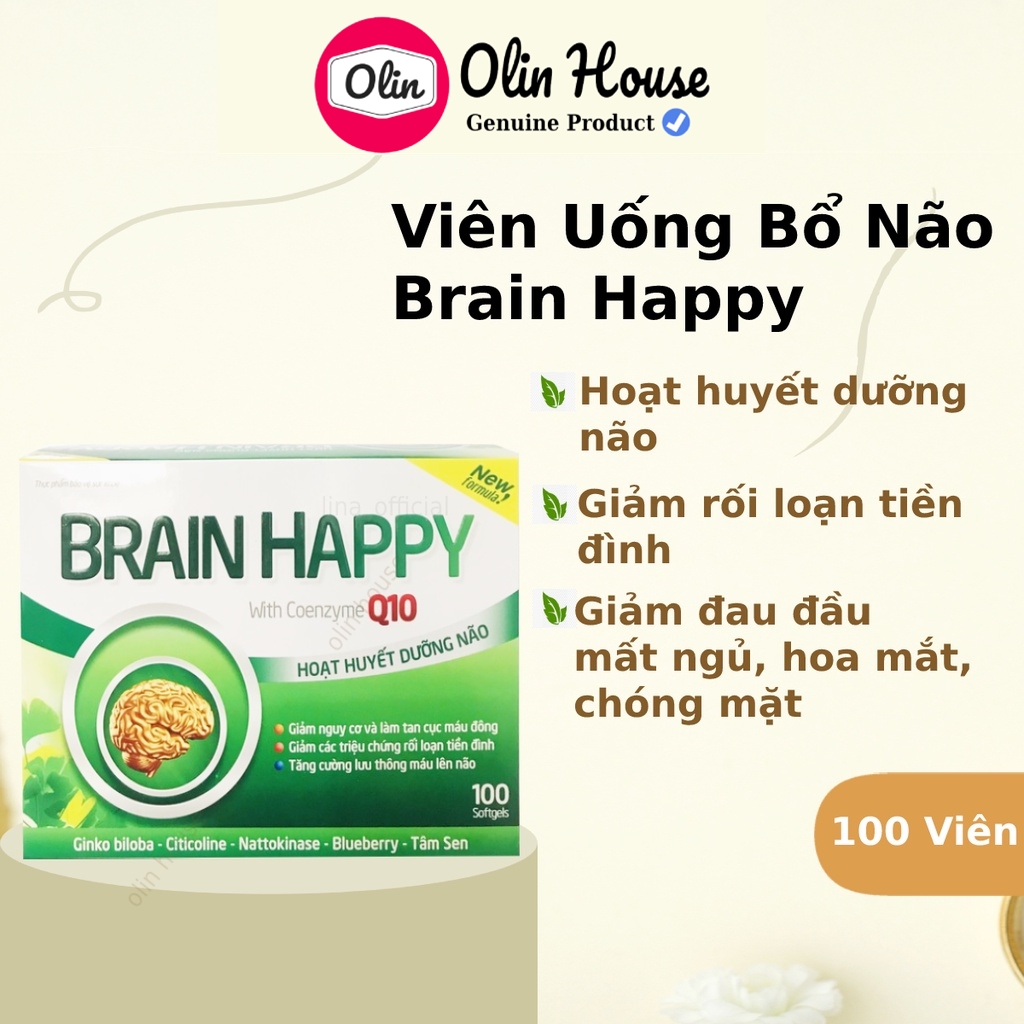 Viên uống bổ não Brain Happy 100 viên - Hoạt huyết dưỡng não tuần hoàn máu não - Olin House