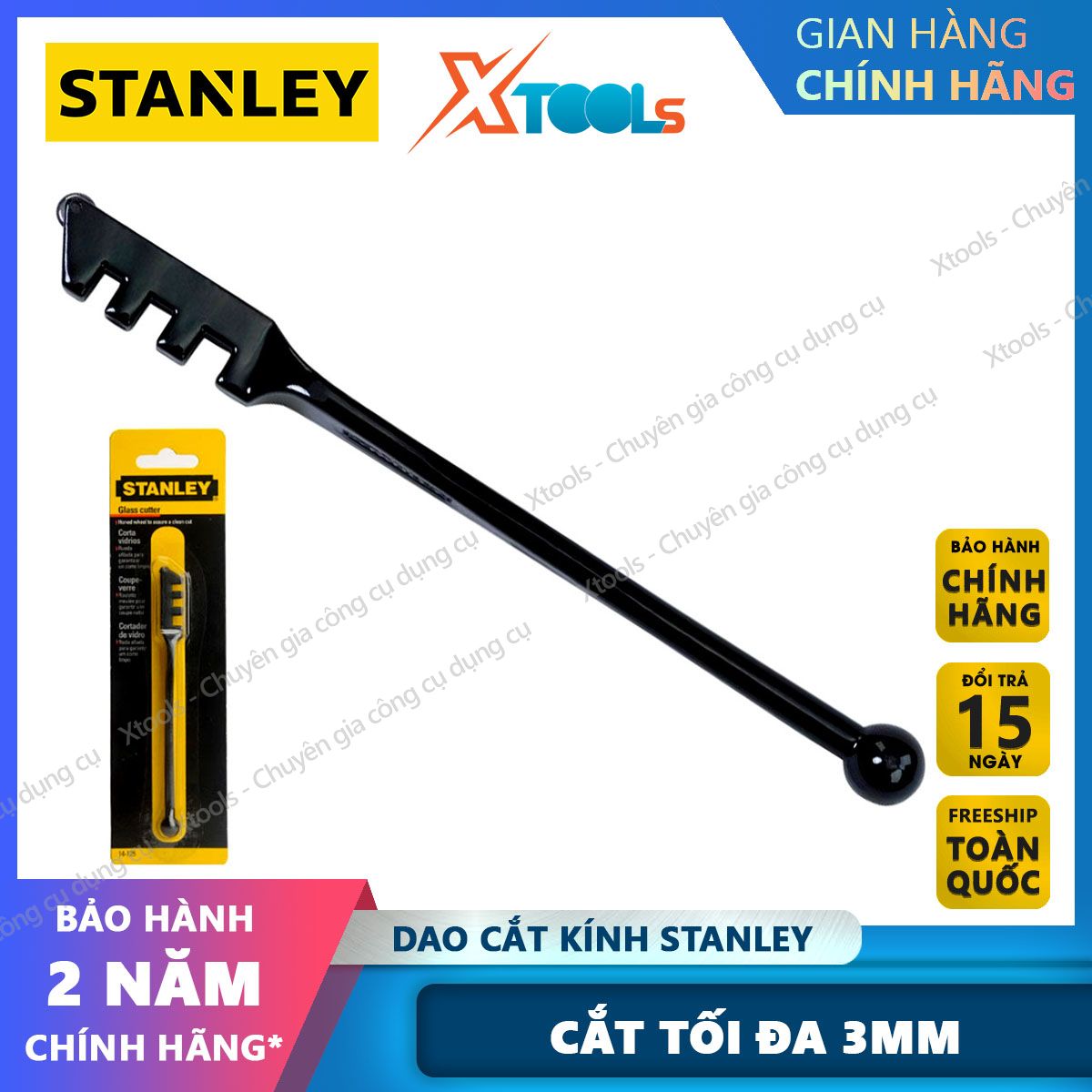 Dao cắt kính STANLEY 14-125 cắt độ dày tối đa 3 mm. Dao cắt kính có bánh xe được mài nổi, điểm cắt chính xác và các cạnh mượt mà