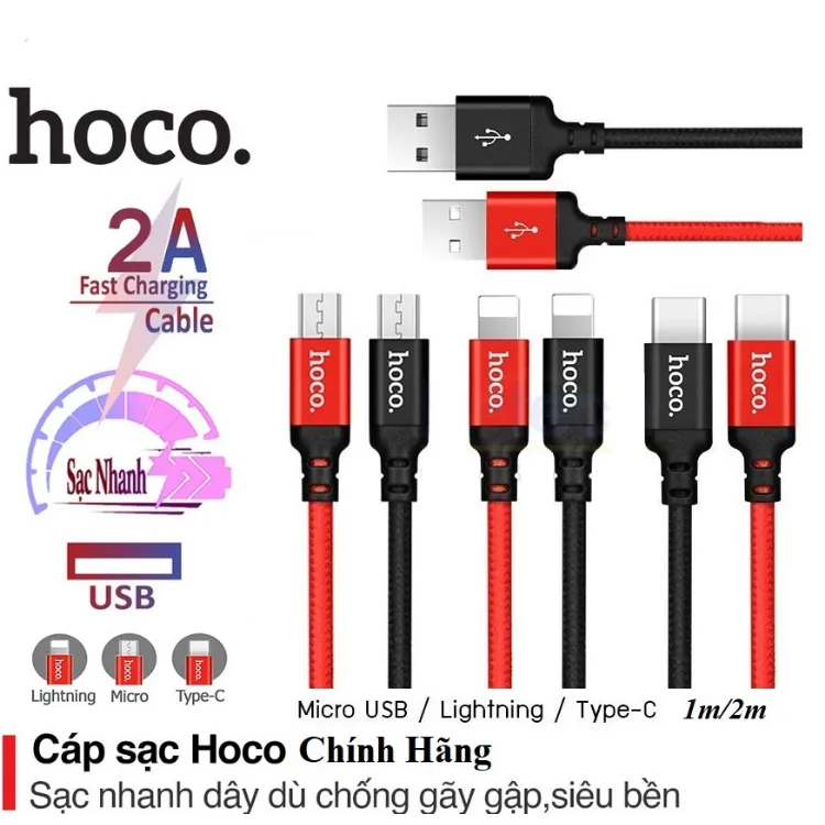 Cáp sạc nhanh Hoco X14 dây dù chống đứt gãy cổng USB ra Micro / Type-C / Lightning chiều dài 1m / 2m