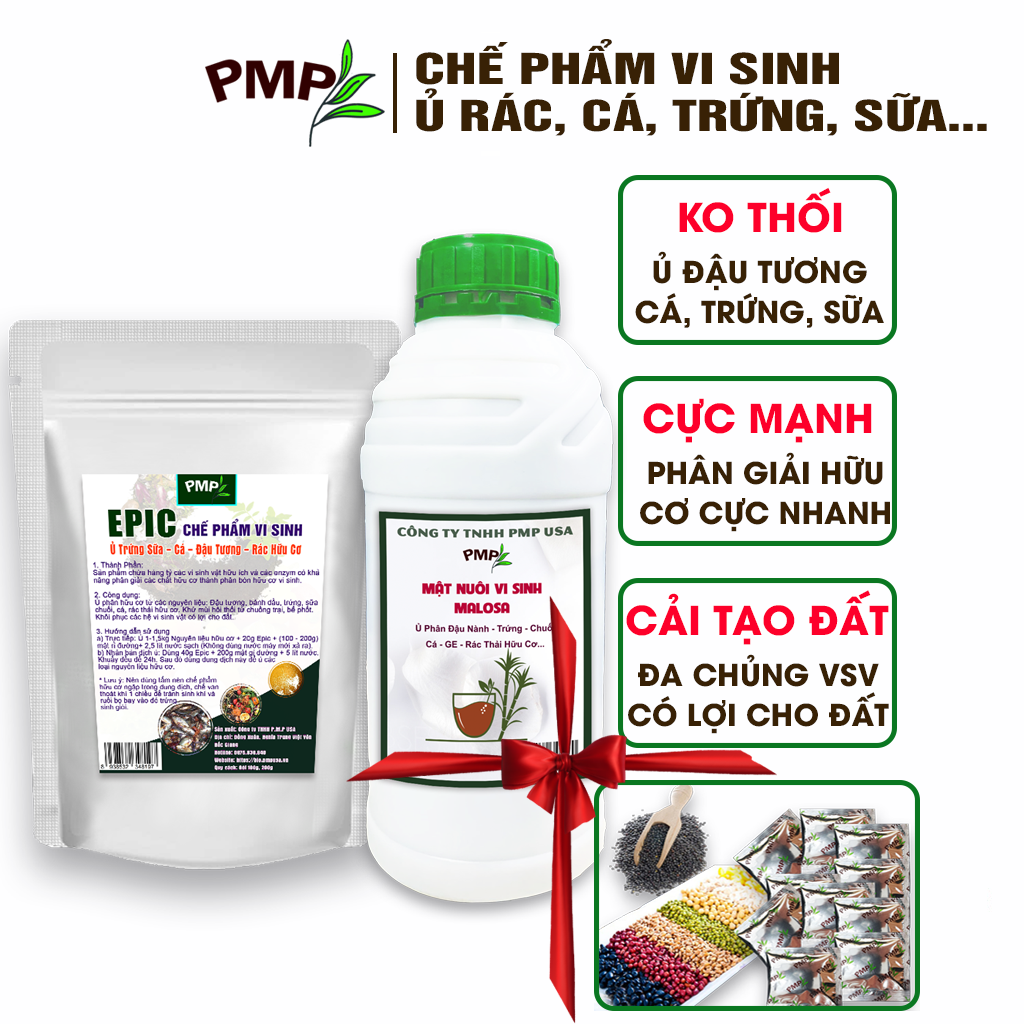 Combo chế phẩm vi sinh epic & mật rỉ đường pmp bộ ủ phân đậu nành, trứng, chuối, cá, rác thải hữu cơ