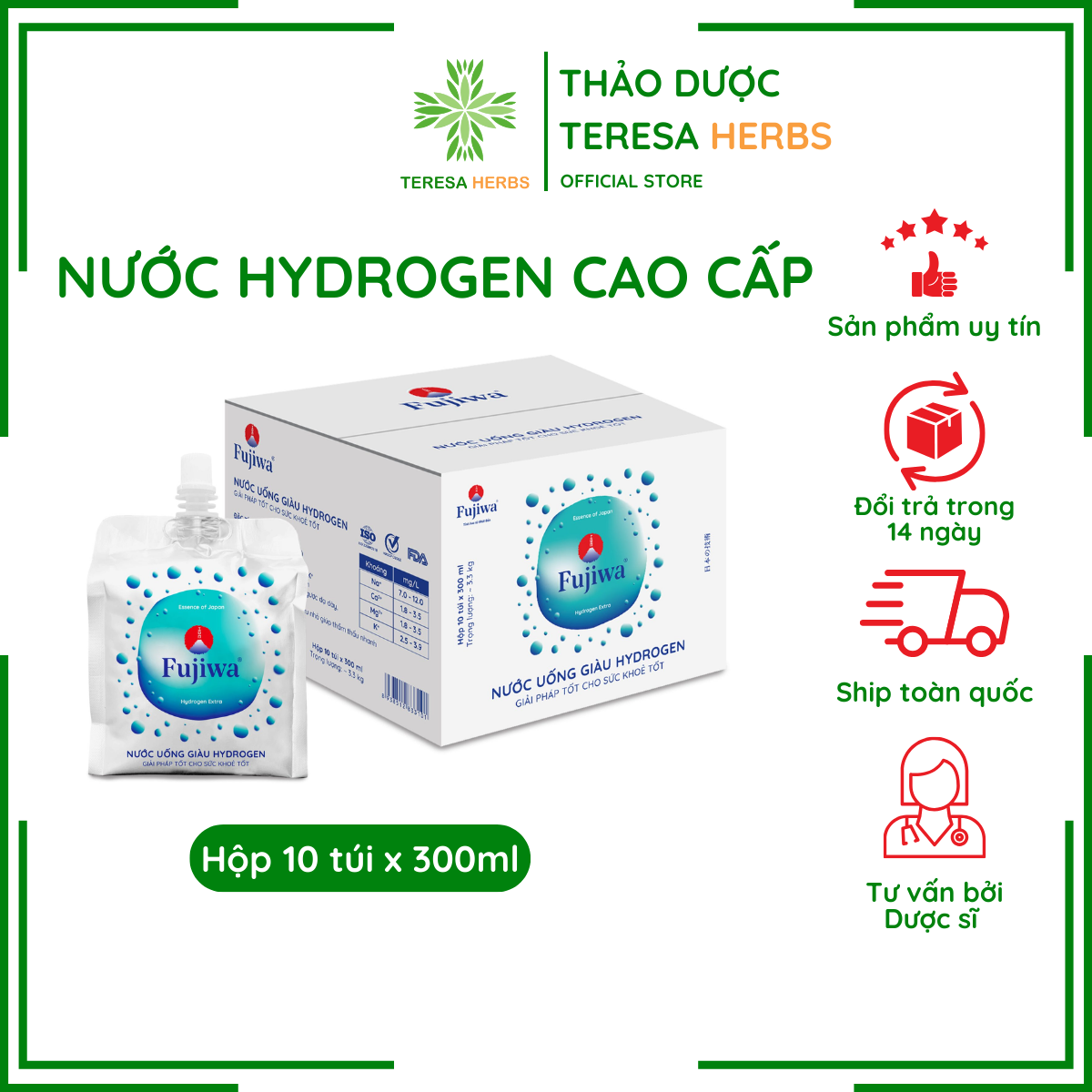 Nước Uống Ion Kiềm Giàu Hydrogen Fujiwa - Hộp 10 Bịch x 300ml