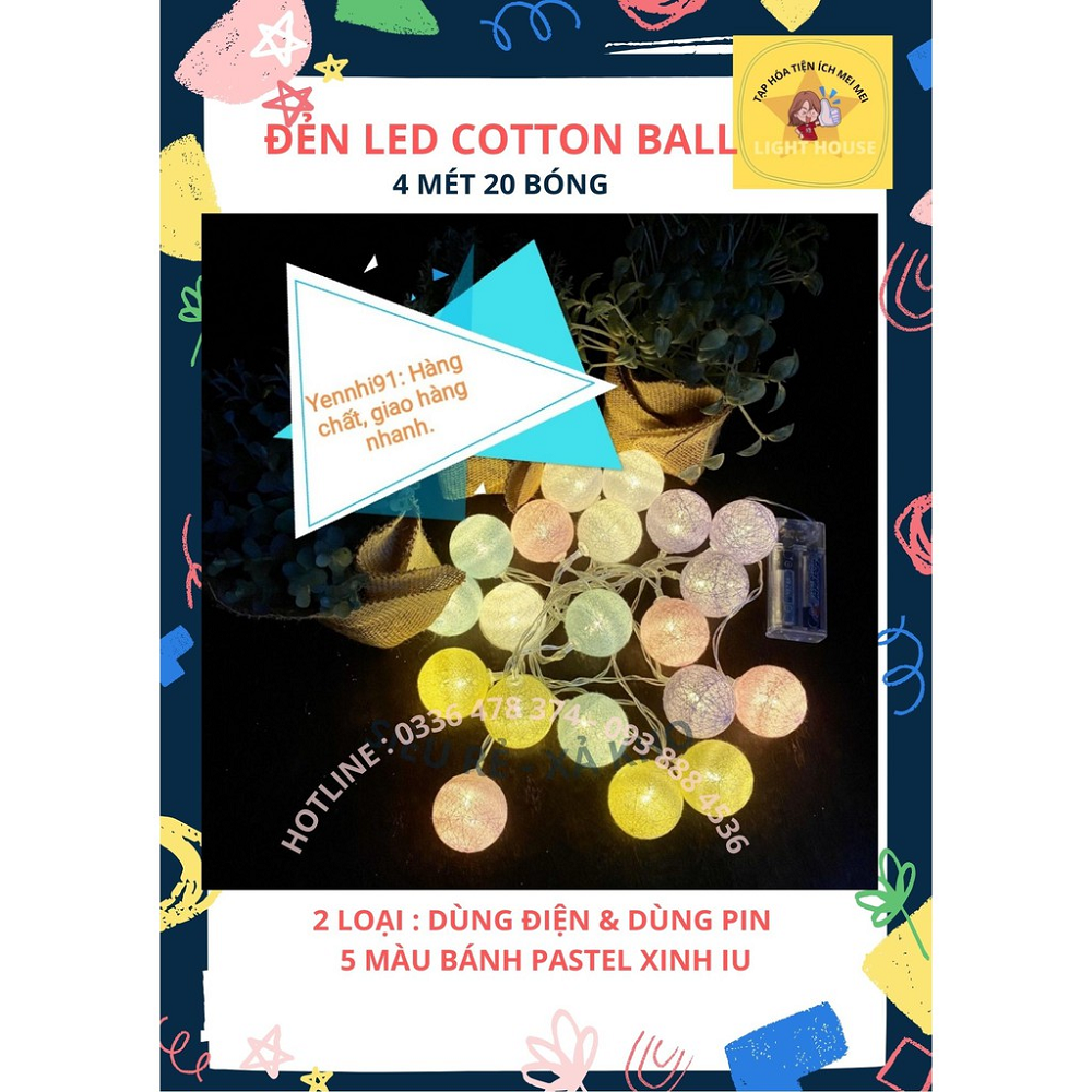 [HCM][Xả Kho-Loại Dùng Pin AA] Đèn Led Dây Trang Trí Cotton Ball 4 Mét 20 Banh Led Banh Vải 5 Màu Pastel