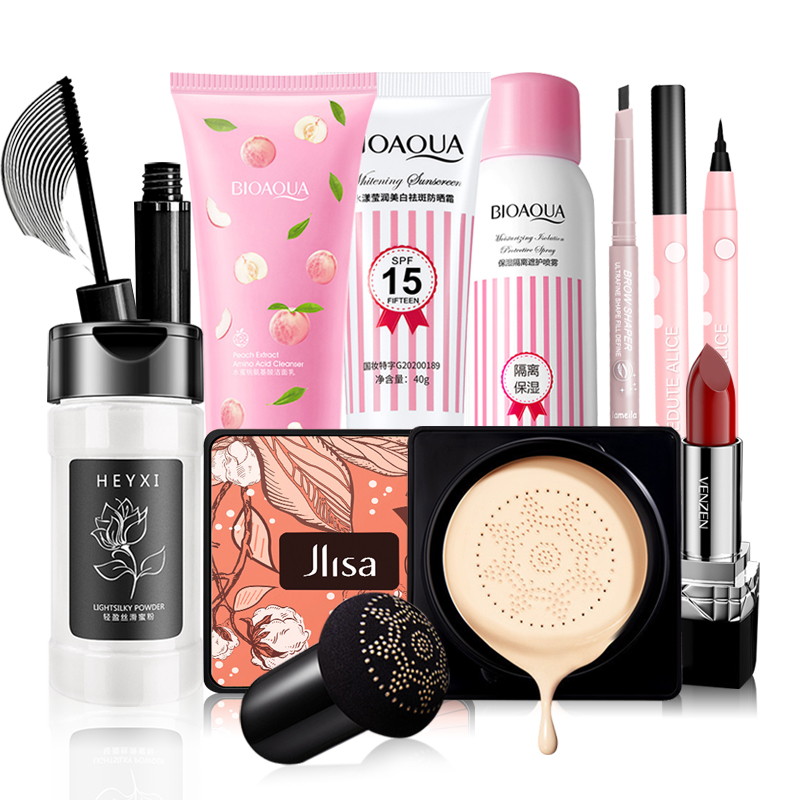 [HCM]Bộ mỹ phẩm trang điểm 9 món(Phấn phủ + sữa rửa mặt + kem chống nắng + xịt mặt + cushion đầu nấm nhỏ + kẻ mắt + mascara + son môi)