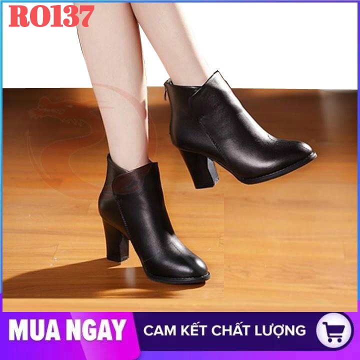 Giày boot nữ cổ thấp 7cm hàng hiệu rosata màu đen cao cấp thời trang ro137