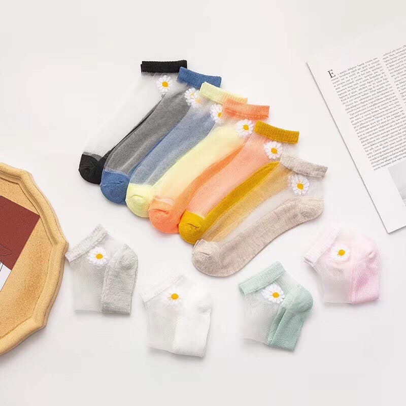 Tất Vớ Lười Hoa Cúc Phối Lưới Lụa Siêu Cute, Thoáng Mát, Thêu Hoa Cúc Họa Mi Phong Cách Hàn Quốc Girl & Mom