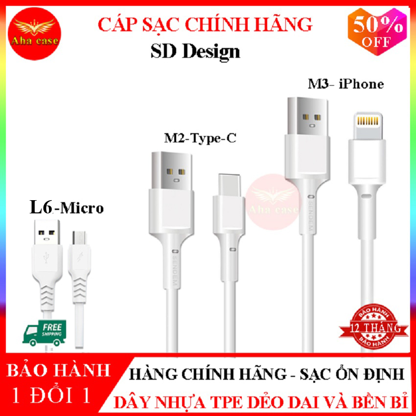 Cáp sạc điện thoại Chính hãng bảo hành dài hạn với cáp sạc SD L6 chân sạc Micro, cáp sạc SD M2 chân sạc TypeC, dây sạc SD M3 chân sạc Lightning, Dây sạc được làm bằng cao su non chống đứt dài 1 mét, Bảo 12 Tháng 1 đổi 1