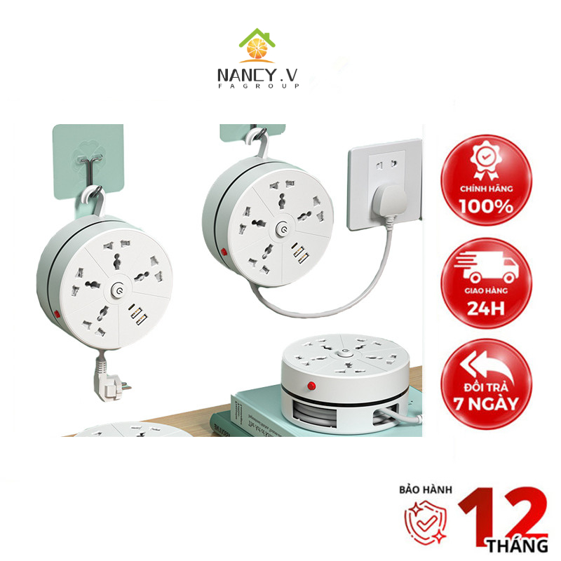 Ổ Cắm Điện Đa Năng Chịu Tải 2500W 3 Chấu USB Type C Xoay Tròn Dài 2m Có Công Tắc An Toàn Kiêm Đèn Ngủ Ổ Điện Thông Minh