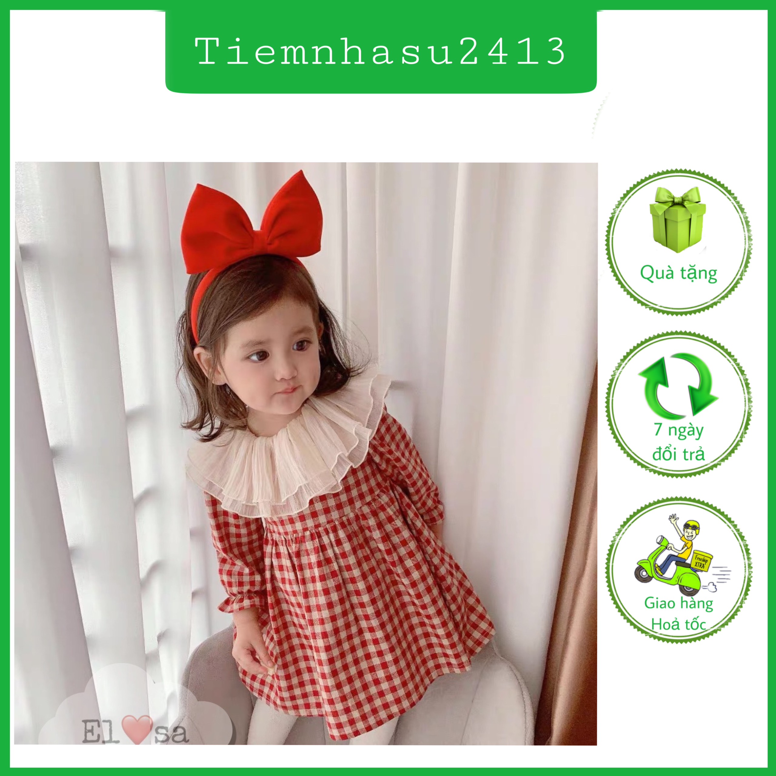Váy bé gái (08-28kg)- Váy babydoll cổ voan màu đỏ cho bé diện noel, Tết - TIỆM NHÀ SU