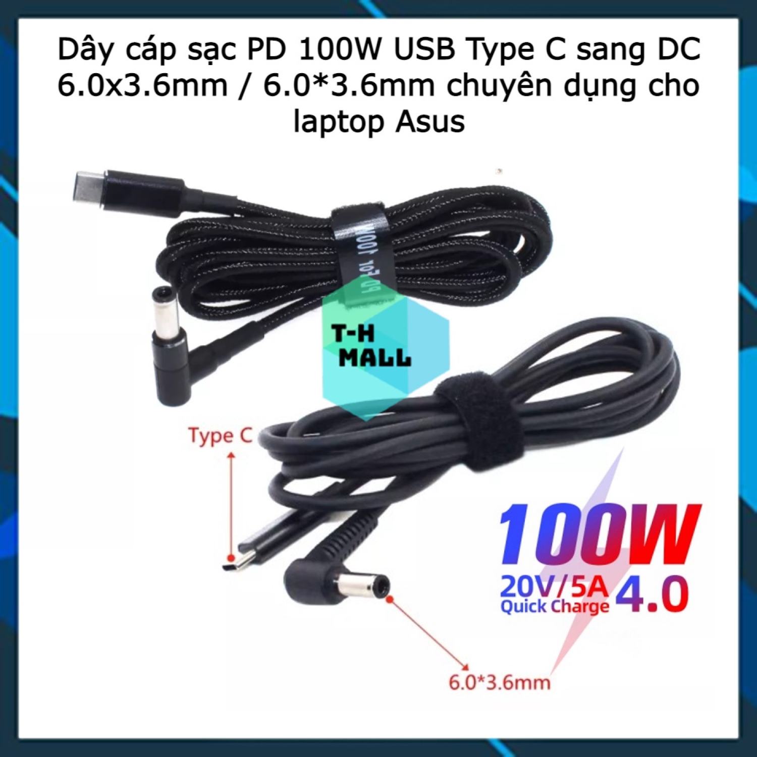 Dây cáp sạc PD 100W USB Type C sang DC DC 6.0x3.6mm 6.0*3.6mm chuyên dụng cho laptop Asus