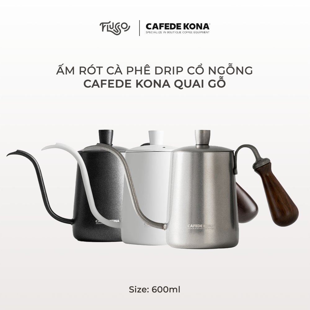 Ấm rót cà phê drip cổ ngỗng Cafede Kona quai gỗ – dung tích 600ml