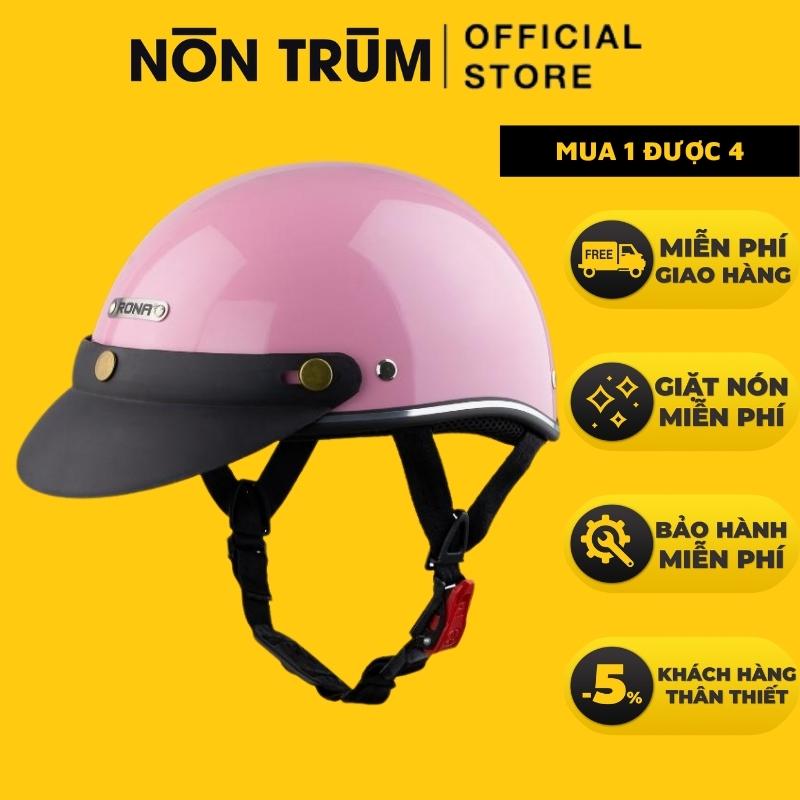 Nón bảo hiểm nửa đầu RONA haly viền bạc hồng phấn bóng, nón bảo hiểm 1/2 freesize cho vòng đầu từ 55-58cm - Nón Trùm