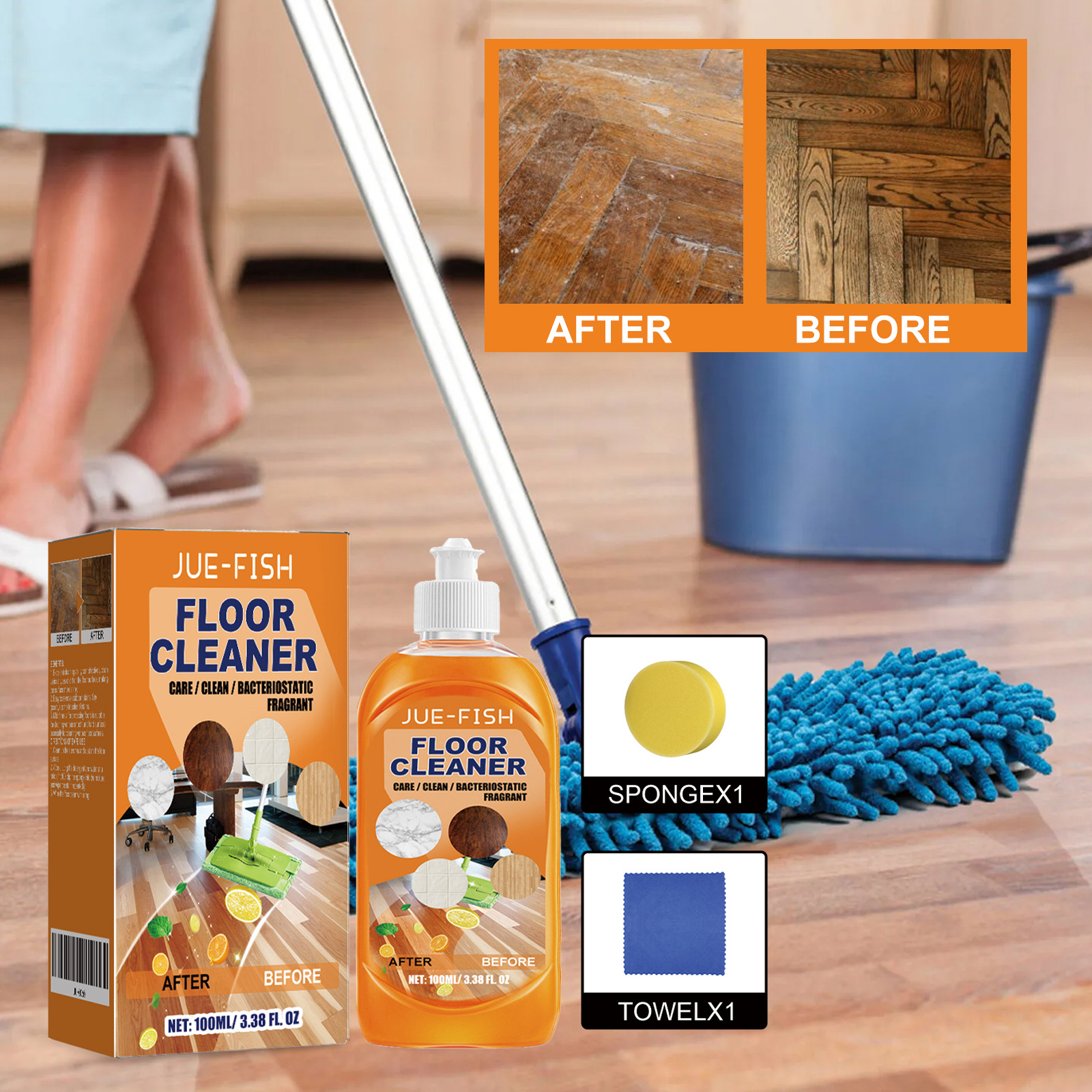 Jue-Fish  Floor Cleaner   Stain Removal and Brightening Tile Cleaner Wood Floor Cleaning Polish