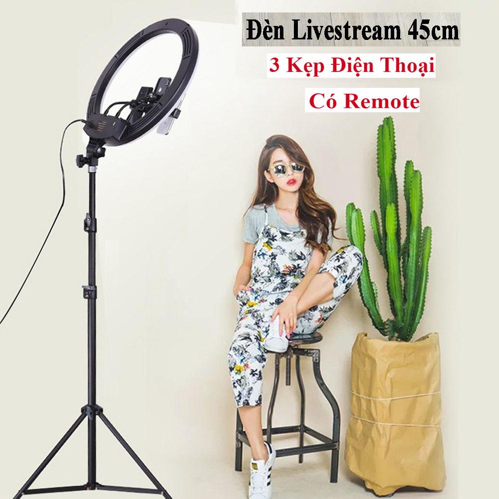 Đèn livestream siêu sáng 45cm m45 hỗ trợ livestream bán hàng, trợ sáng chụp ảnh, quay phim, spa, chiếu sáng studio, có 3 kẹp điện thoại và remote kèm chân cao 2m1