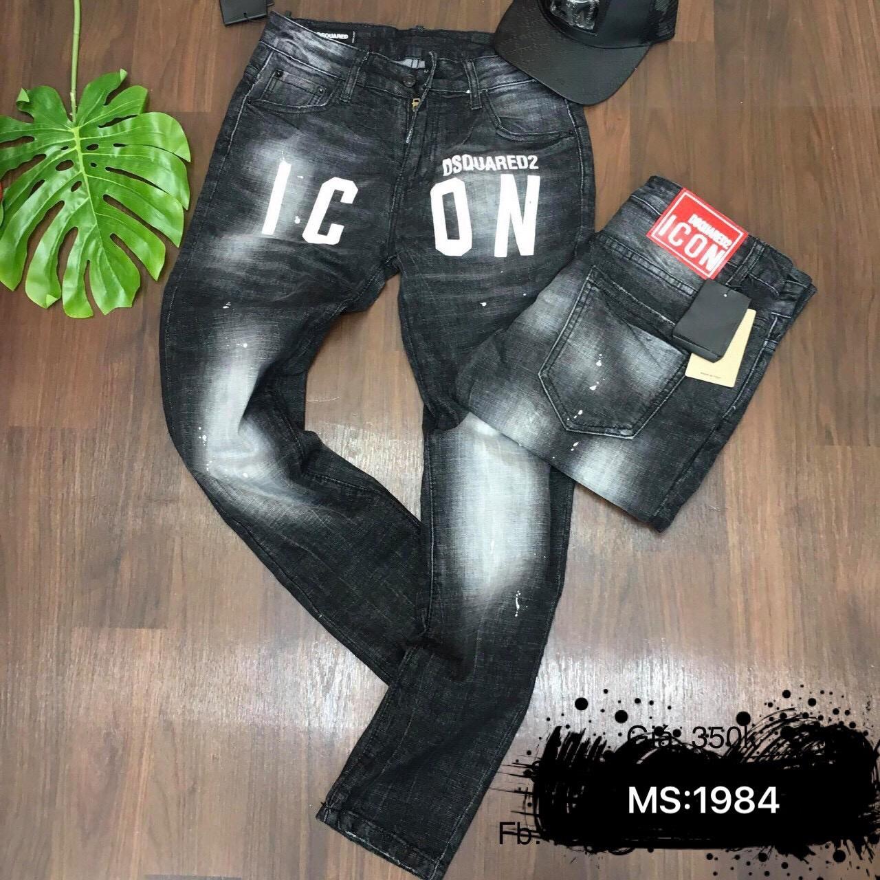 Quần jean nam xám đen vẩy sơn chất bò form dáng body in ICON cao cấp MS1984