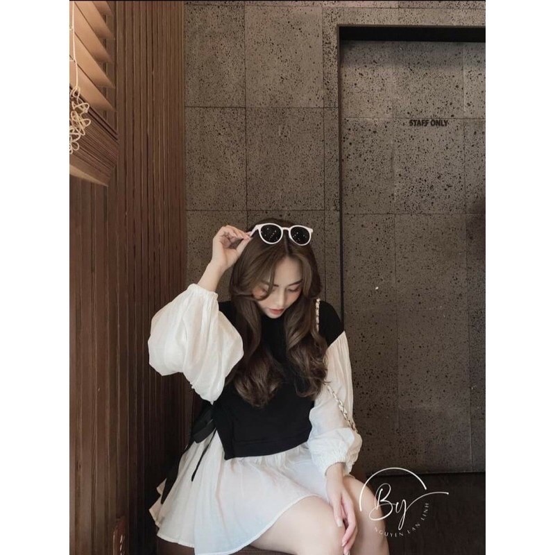 ◆  Áo kiểu babydoll phối nơ tay voan