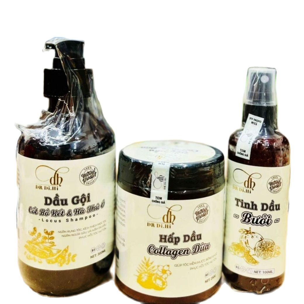Bộ dầu gội Cốt bưởi bồ kết hà thủ ô Dr DiHi - Combo Cốt gội bồ kết hà thủ ô + hấp dầu collagen dừa + tinh dầu xịt bưởi dưỡng tóc chính hãng Dr Dihi