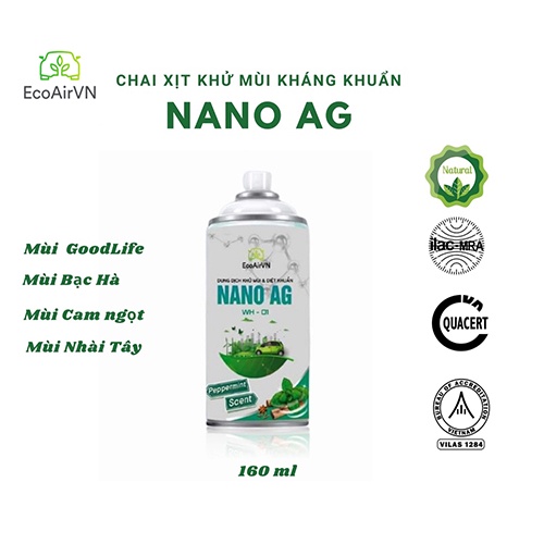 Chai xịt khử mùi Nano bạc 160 ml gas- EcoAirVN- Lifetechstore