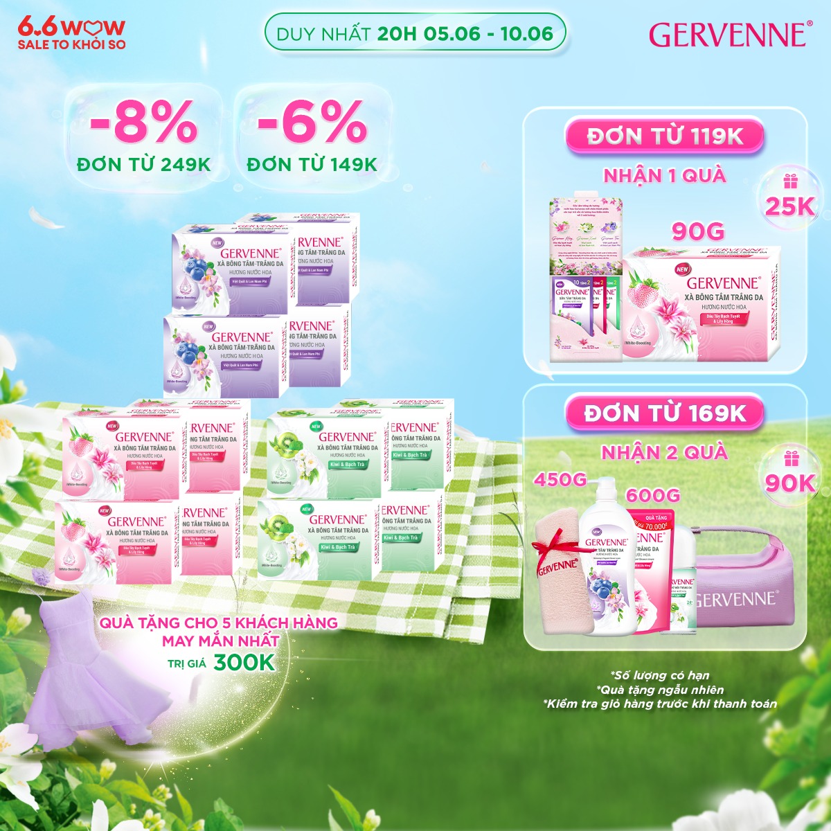 Combo 4 xà bông tắm trắng kiwi & bạch trà/việt quất & lan nam phi/dâu tây bạch tuyết & lily hồng 90g