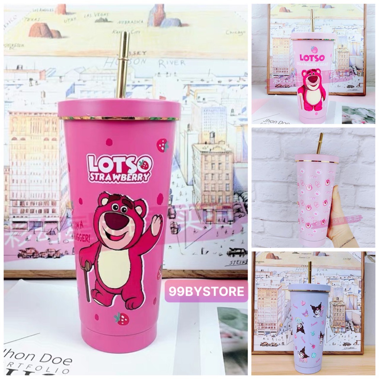 Ly giữ nhiệt Gấu Dâu Lotso inox 304 không gỉ kèm ống hút, cốc giữ nhiệt, bình giữ nhiệt Gấu Dâu Losto 2 lớp inox cao cấp