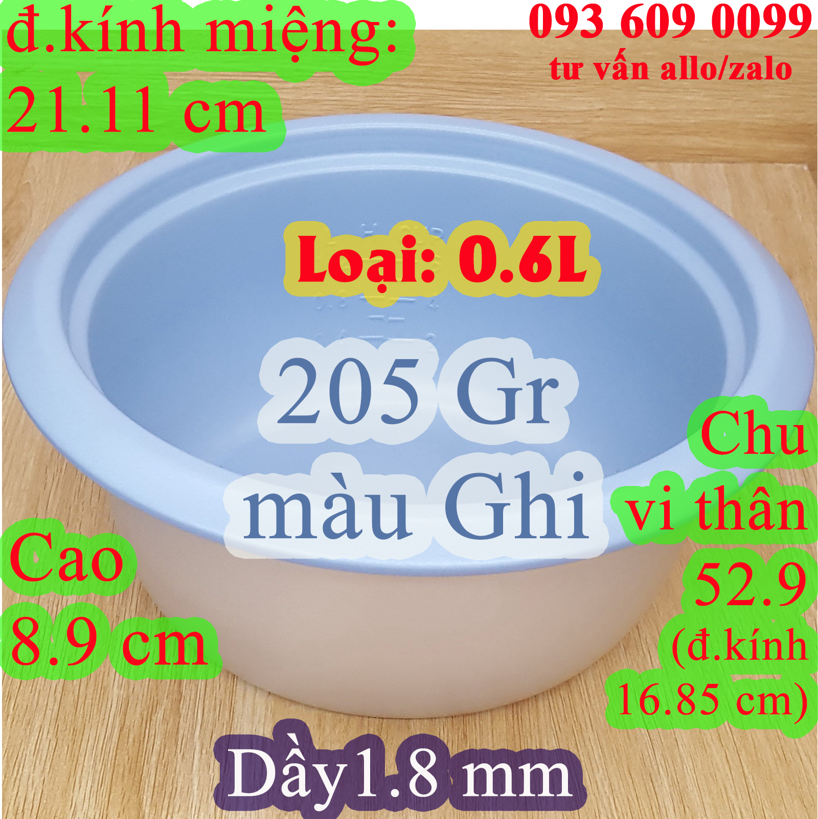 Lòng nồi cơm điện 0.6 l nắp rời, nặng 205 gr