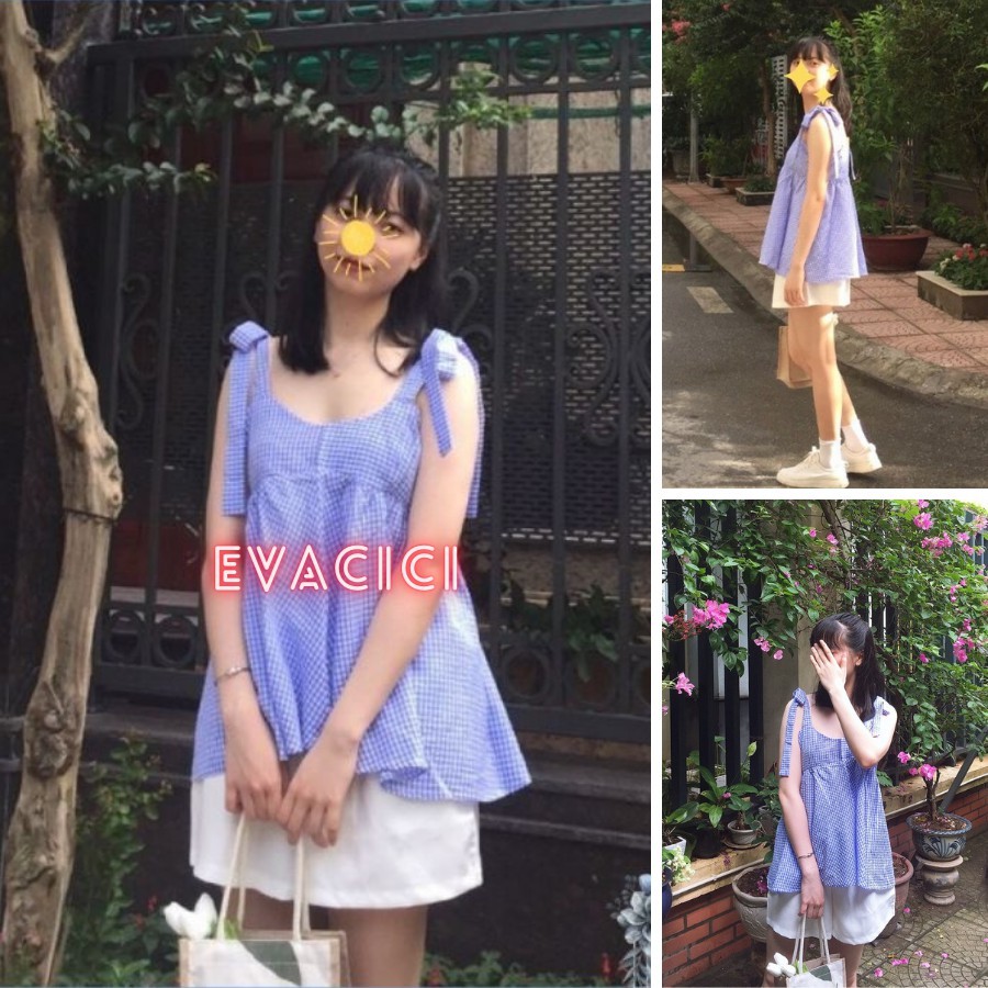 Set áo 2 dây buộc nơ quần trắng. Set áo quần nữ xanh trắng babydoll siêu xinh