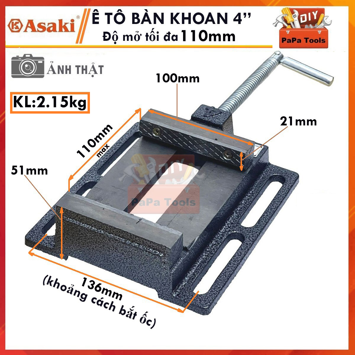 Ê tô bàn khoan 4inch- Mở kẹp tối đa 110mm, chất liệu thép và gang bền bỉ, chuyển động trơn trượt