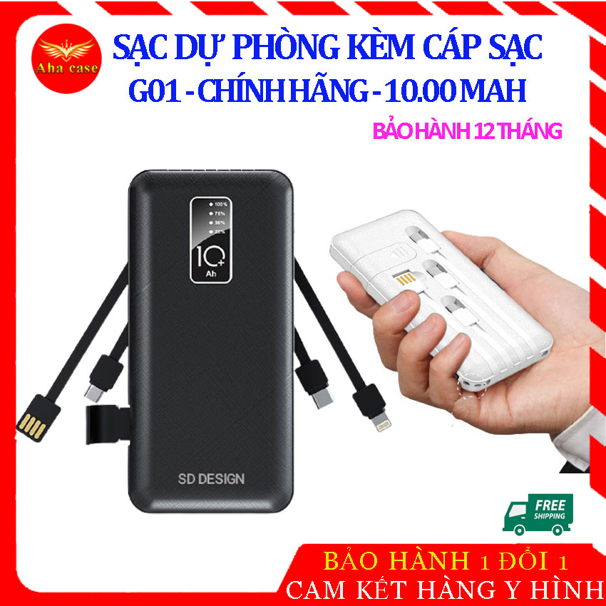 Pin sạc dự phòng Kèm 4 cáp G01 SD Design chính hãng dung lượng 10.000 mah,  dây sạc Iphone lightning, micro usb, type c tiện lợi nhỏ gọn, , sạt 2-4 lần cho điện thoại, có đèn led, bảo hành 1 năm, 1 đổi 1.