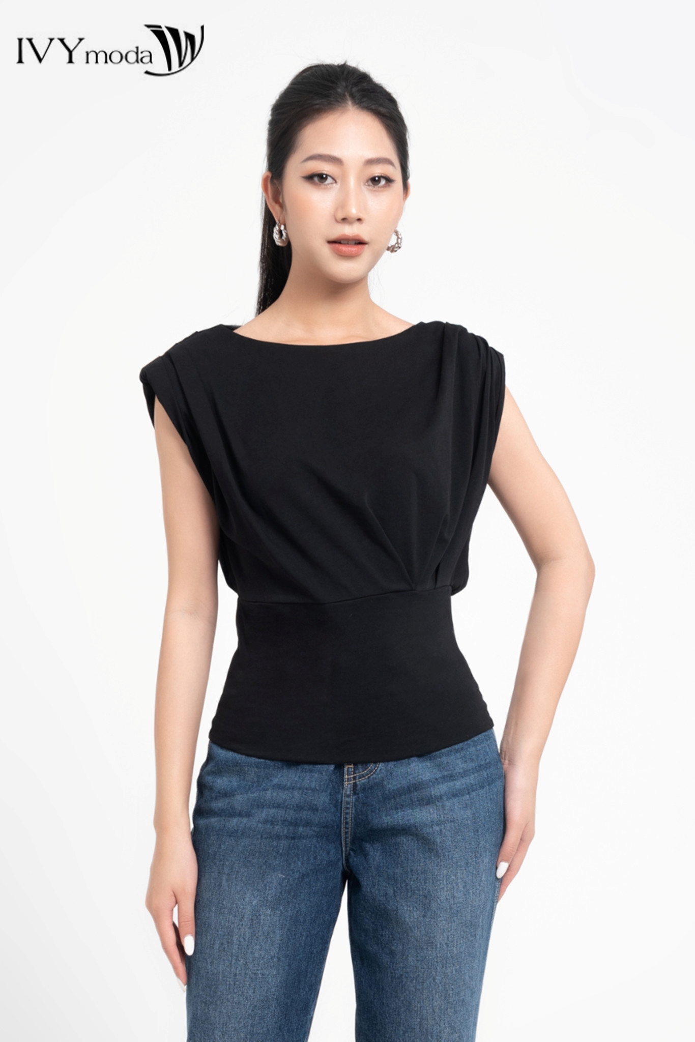 Áo thun cổ thuyền xếp ly ivy moda ms 57m8108