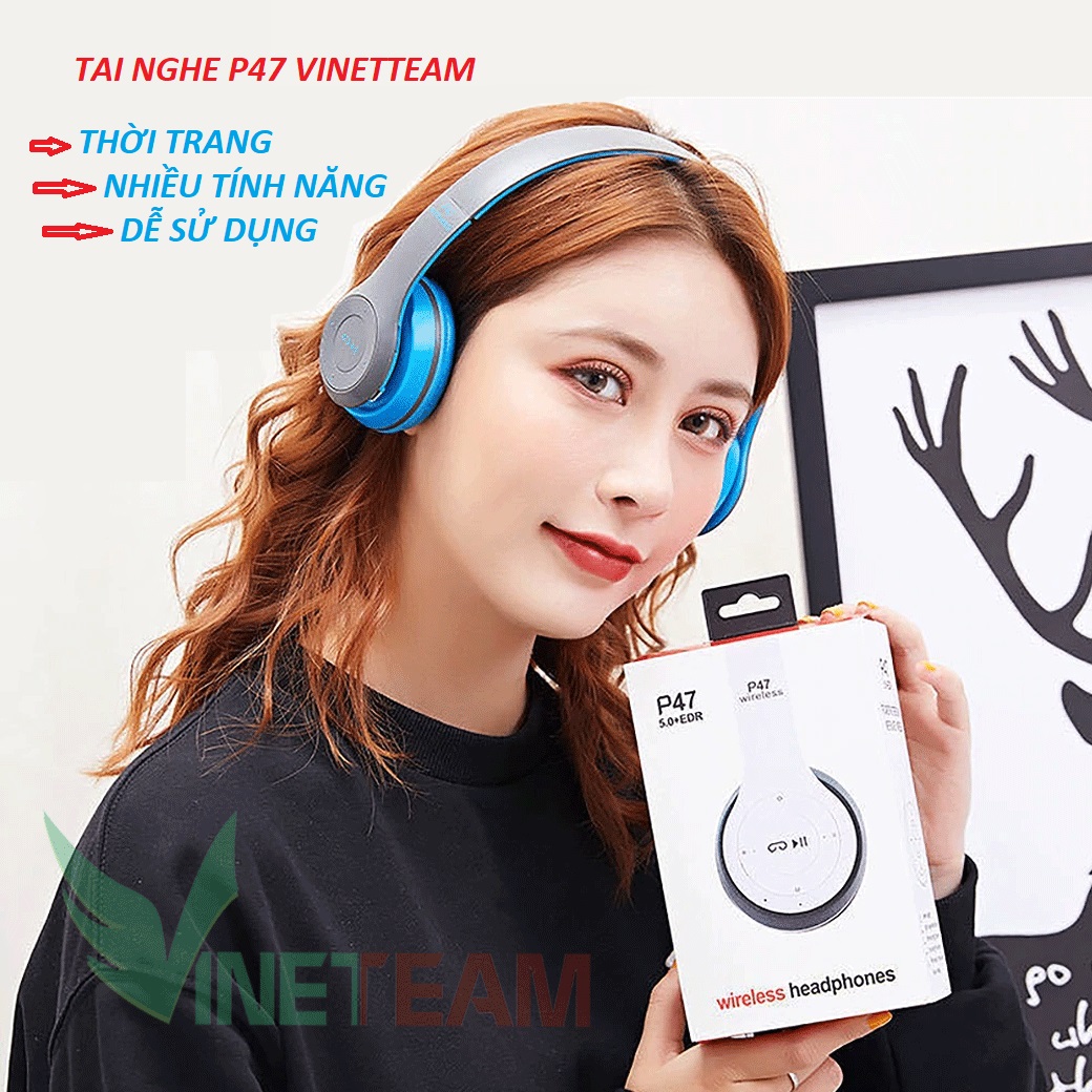 Tai Nghe Bluetooth VINETTEAM P47 có khe thẻ nhớ -  ÂM THANH CỰC CHẤT, Có mic over ear headphones - Không đau tai - THỜI GIAN NGHE 8 TIẾNG - HÀNG NHẬP KHẨU,  BẢO HÀNH 6 THÁNG