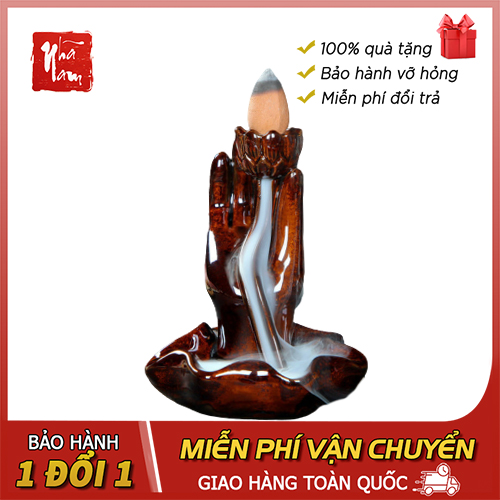 Thác khói trầm hương để bàn tặng 1 nụ trầm niêm hoa vi tiếu tay phật phật thủ màu nâu