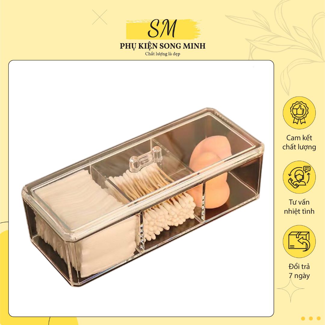 Hộp đựng phụ kiện,tăm bông, bông tẩy trang trong suốt 3 ngăn - phụ kiện song minh