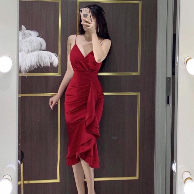 Đầm body lệch vai nhún bèo chất umi có dãn TRIPBLE T DRESS - MS21B