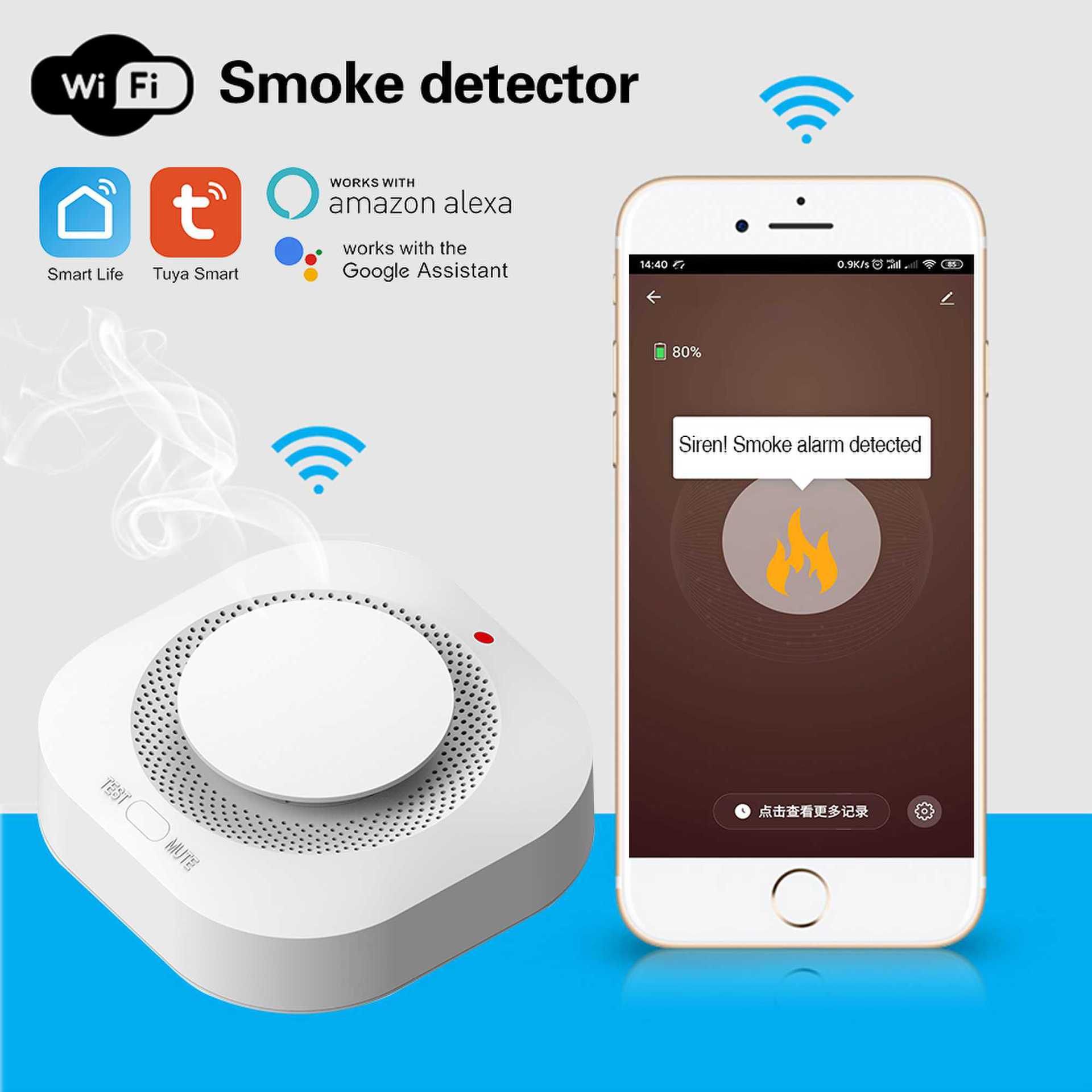 Thiết bị báo khói, báo cháy không dây qua wifi, dùng app tuya. cảm biến báo khói có sẵn