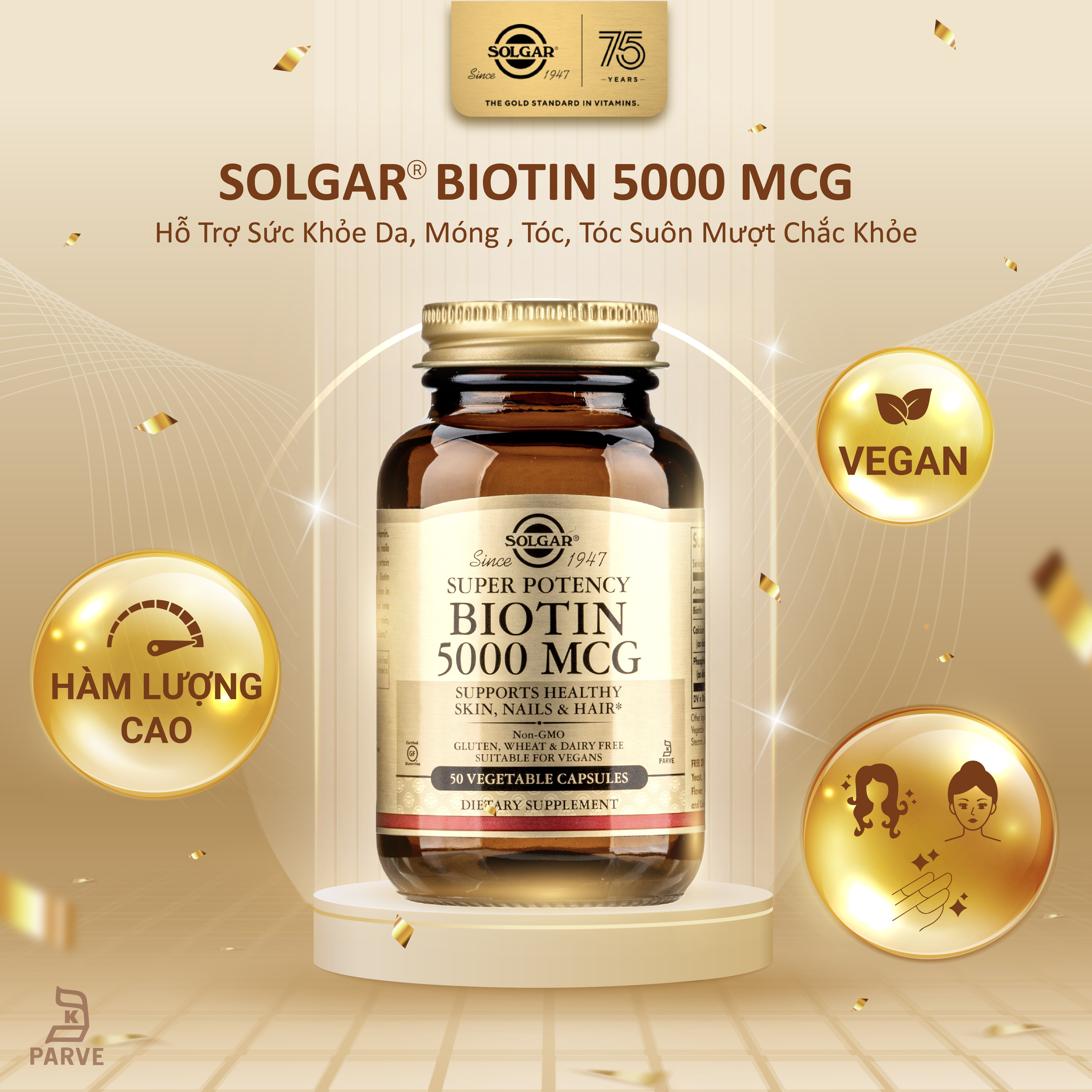 Viên Uống Solgar Biotin 5000 MCG - Hỗ Trợ Làn Da, Móng Tóc Khỏe Mạnh - Lọ 50 Viên Nang Thực Vật